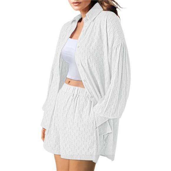 Women's 2 Piece Outfits Oversized Long Puff Sleeve Blouse Shirt High Waisted - Picture 3 of 7